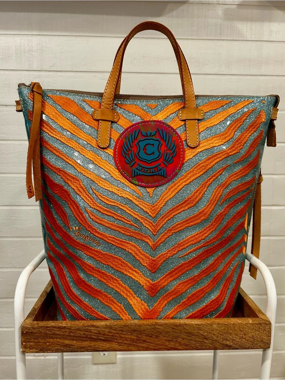 Consuela Bag Colorful Zebra-Stripe Tote Bag - Orange & Teal